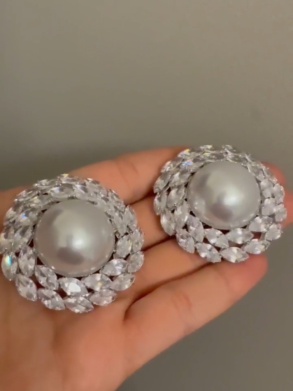 Silver Pearl and Crystal Cluster Earrings